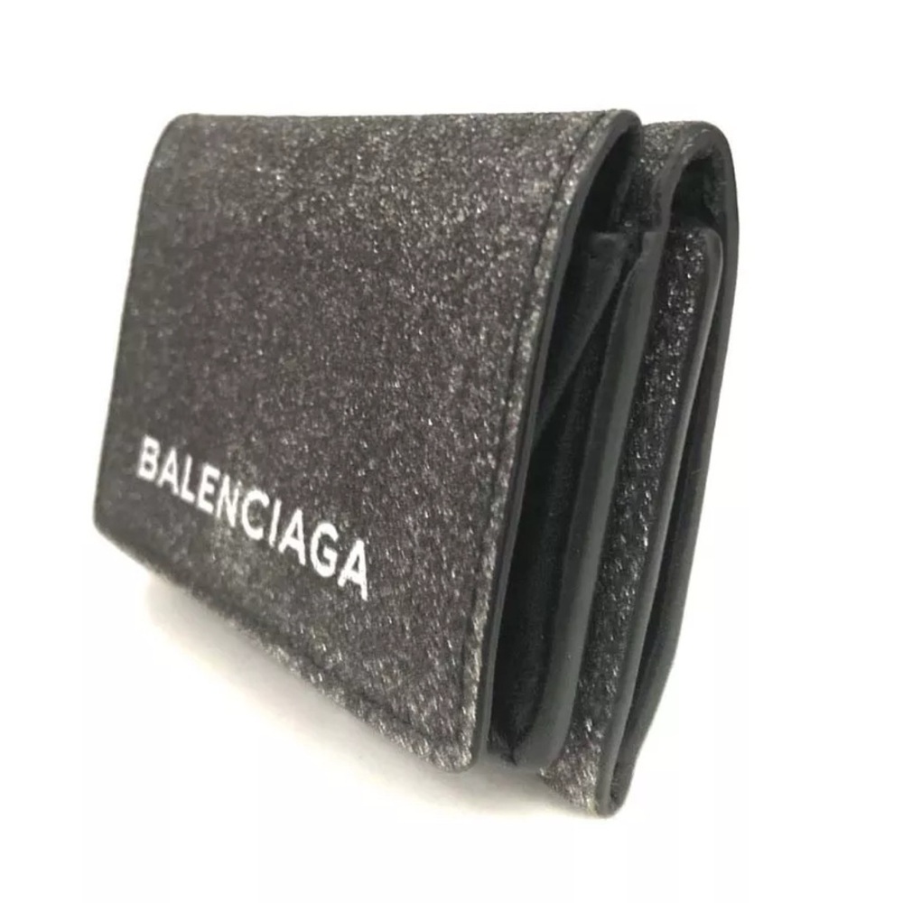 Authentic BALENCIAGA Logo Glitter Leather Trifold Wallet Black with box - Picture 3 of 15